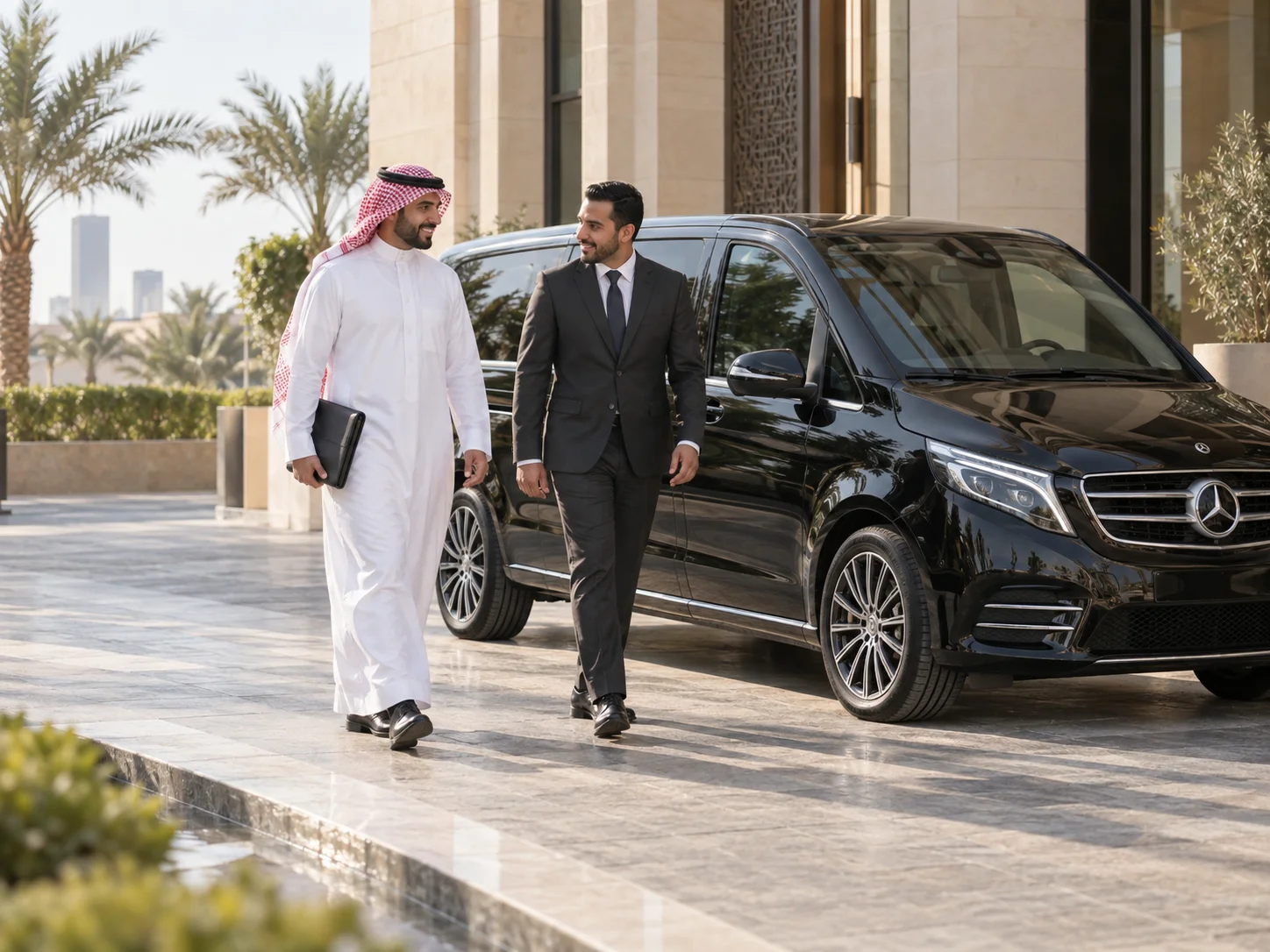 Saudi businessman and chauffeur walking beside a black executive minivan