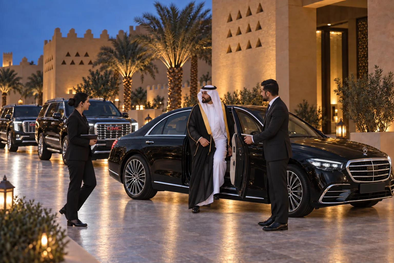 Chauffeur holding the door of a black Mercedes-Benz S-Class for an arriving guest at an evening event, with a coordinator and GMC Yukons behind
