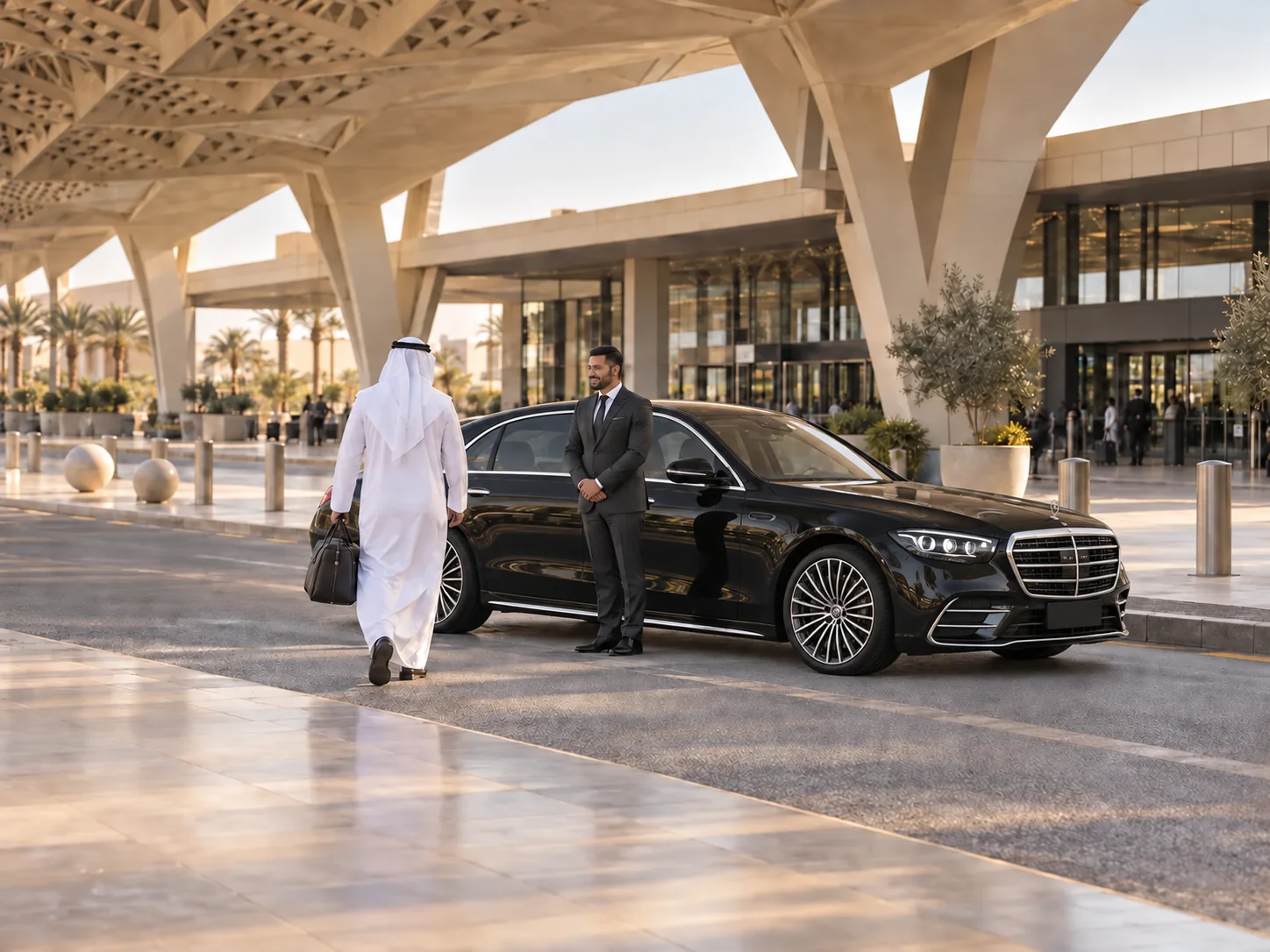 Illustration of a smiling chauffeur welcoming a Saudi customer beside a black sedan at an airport-inspired entrance