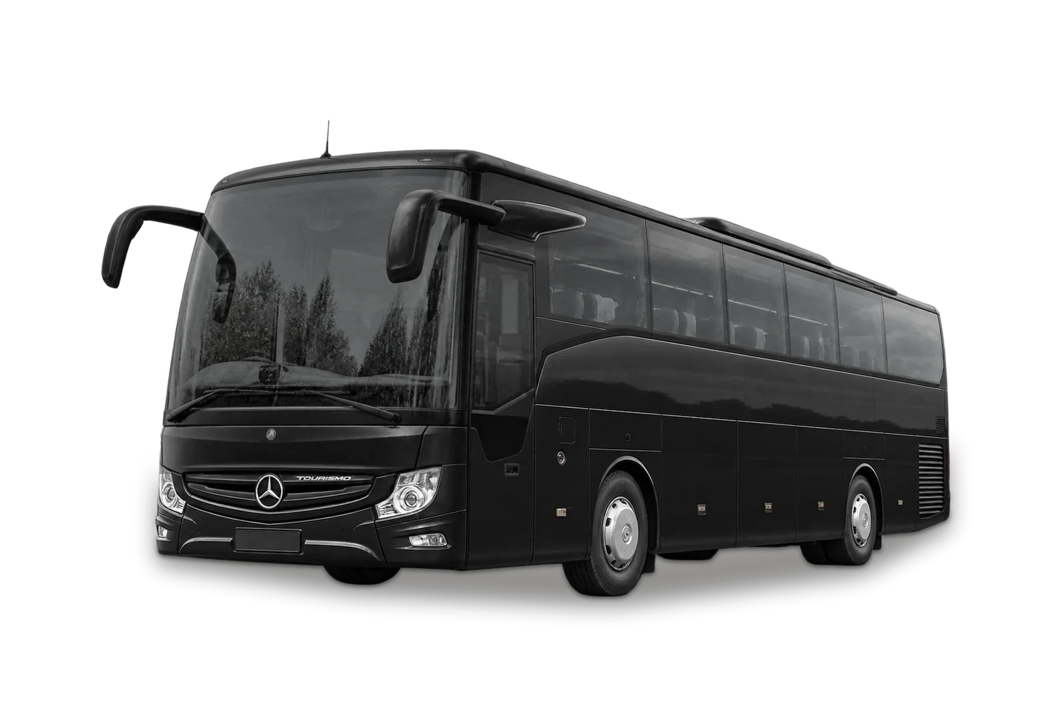 Black Mercedes-Benz Tourismo coach, front three-quarter view.