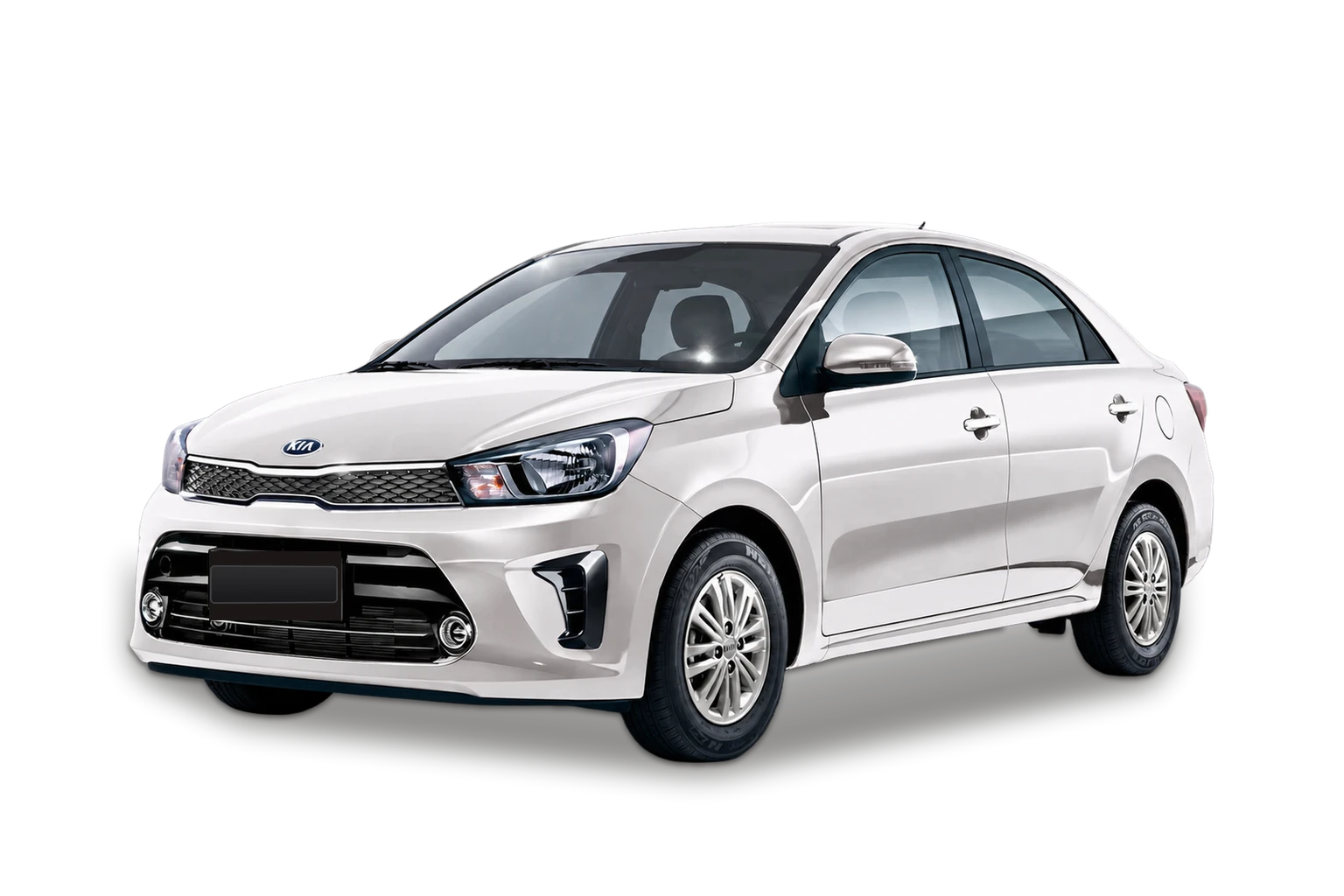 White Kia Pegas compact sedan, front three-quarter view.
