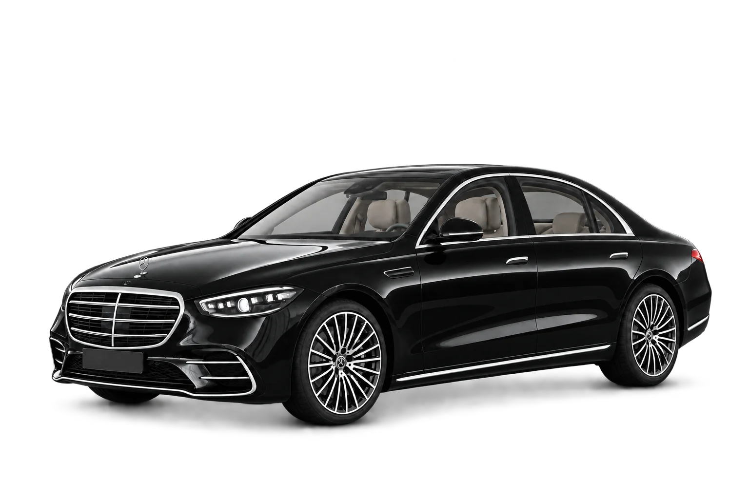 Black Mercedes-Benz S-Class sedan, front three-quarter view.