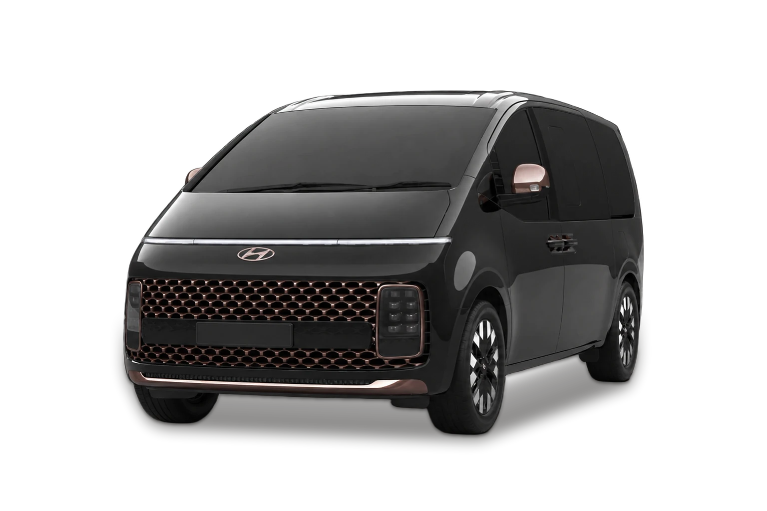 Black Hyundai Staria passenger van, front three-quarter view.