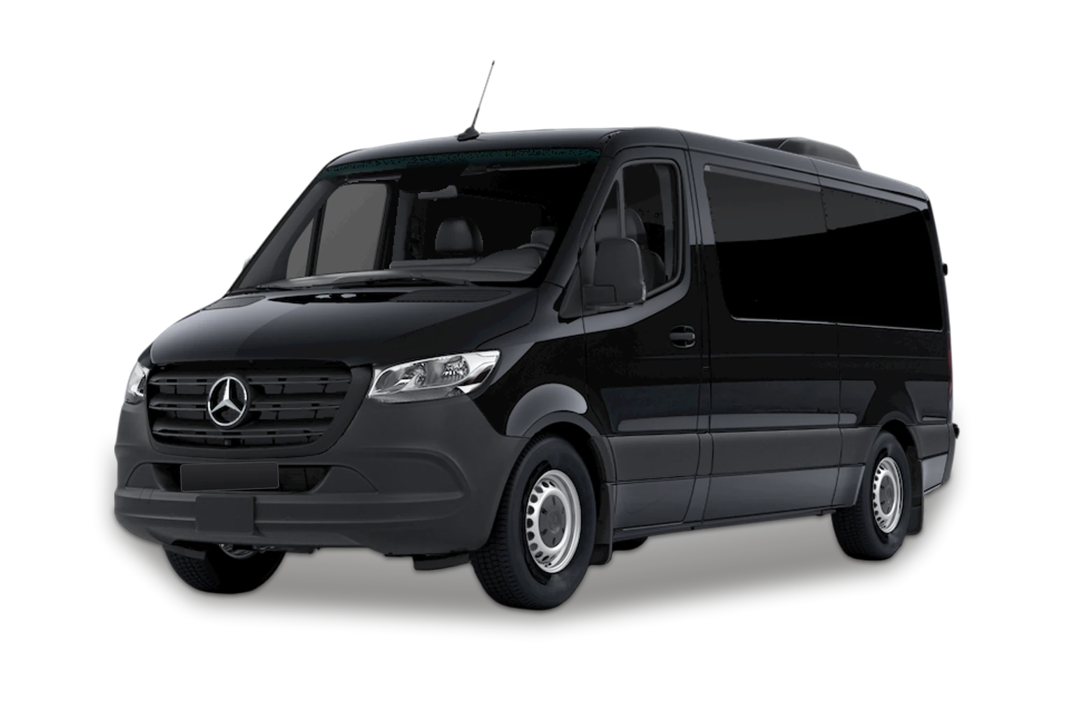 Black Mercedes-Benz Sprinter passenger van, front three-quarter view.