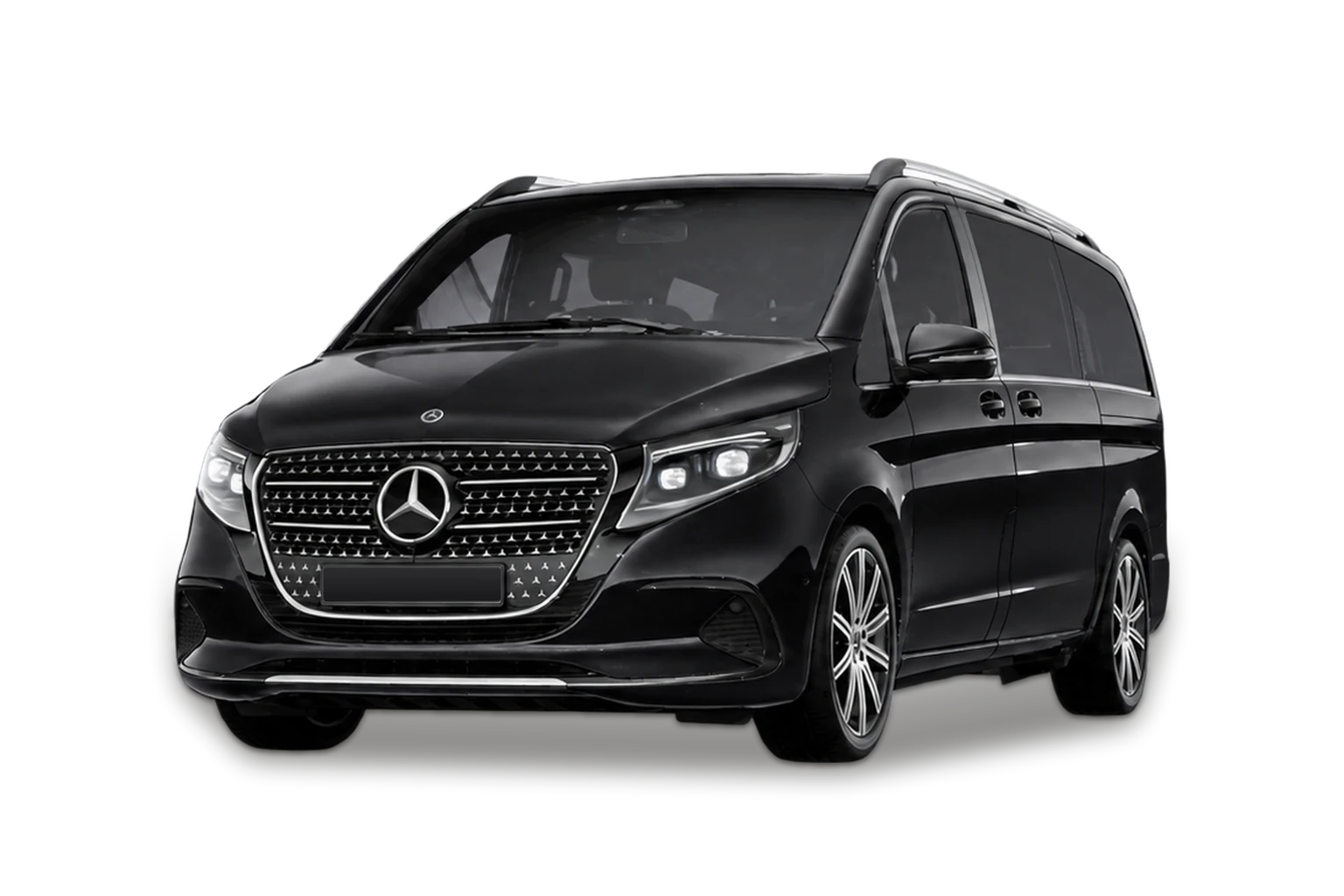 Black Mercedes-Benz V-Class passenger van, front three-quarter view.
