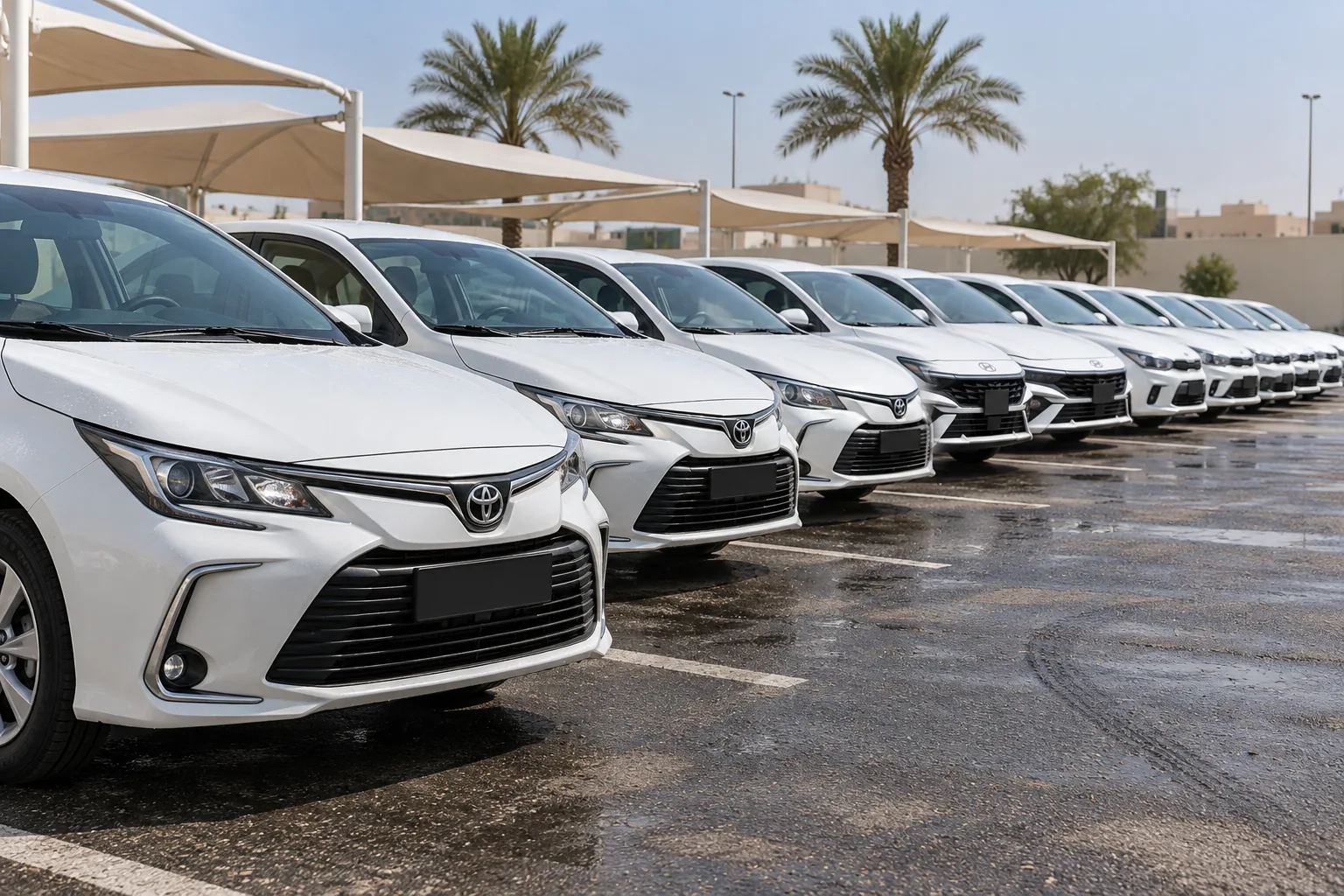Illustrative close view along a row of white Toyota Corolla, Hyundai Elantra and Kia Pegas cars in a fleet car park in Riyadh.