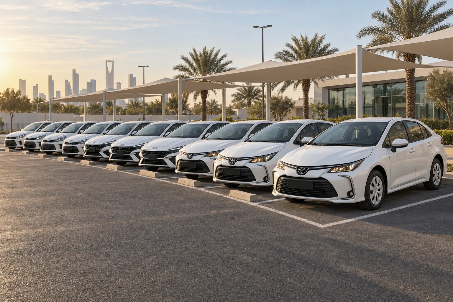 Illustrative row of white Toyota Corolla, Hyundai Elantra and Kia Pegas cars under shade canopies in Riyadh